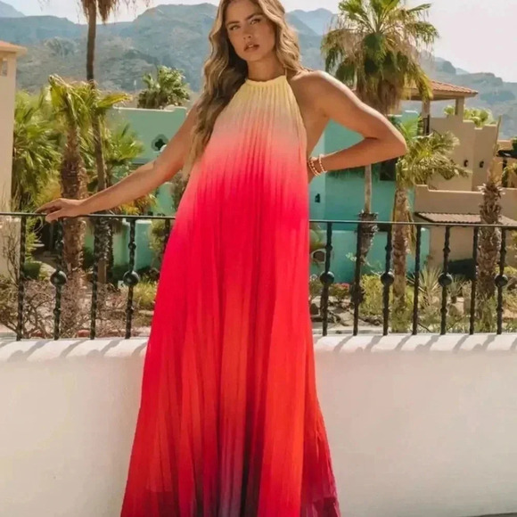 Vici Dresses & Skirts - Yellow, red, pink Watercolor Pleated sleeveless /backless Dress, Size Medium